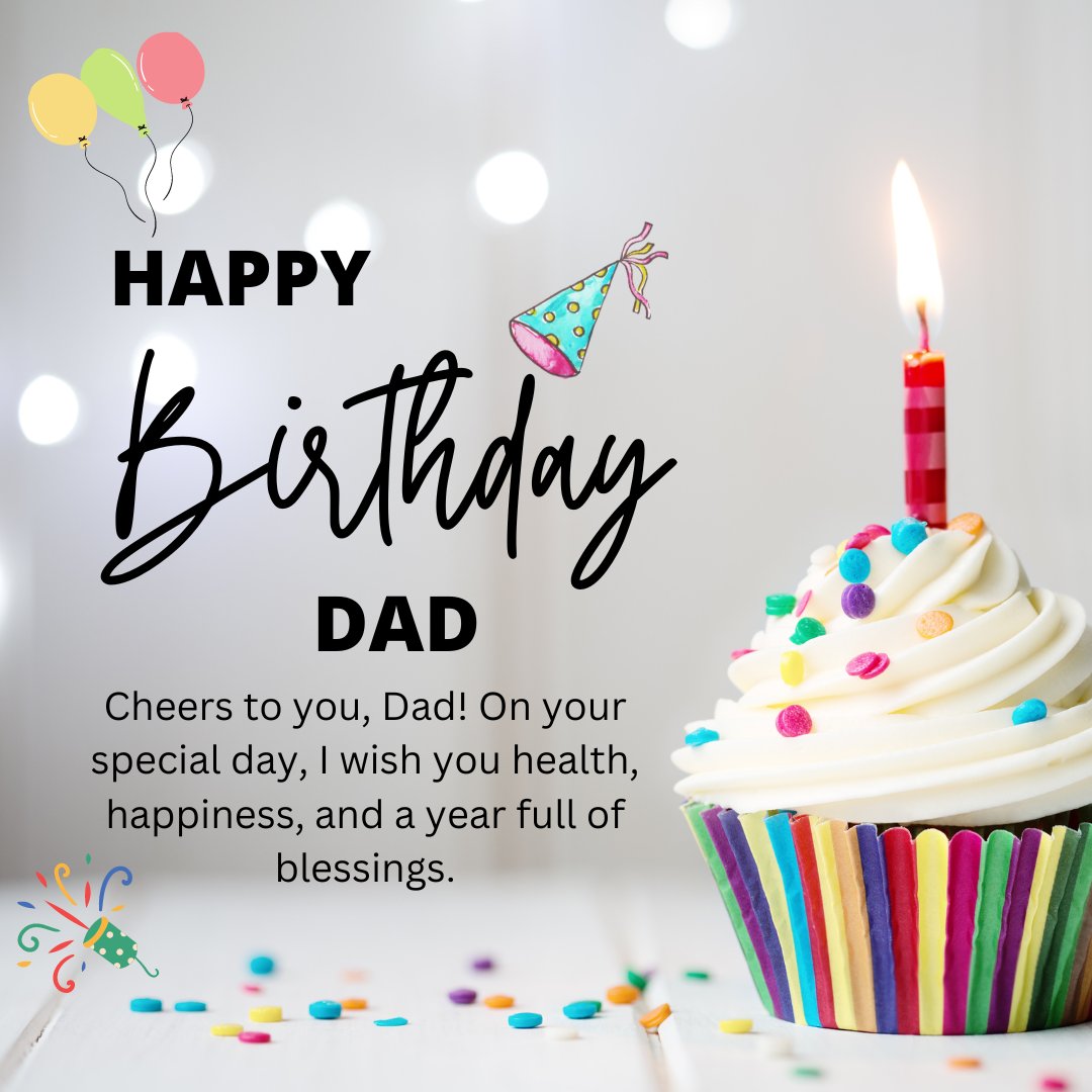 Happy Birthday Papa Messages - a festive birthday card for Dad featuring a lit candle on a cupcake, colorful balloons, and a party hat, with a message wishing health, happiness, and blessings.