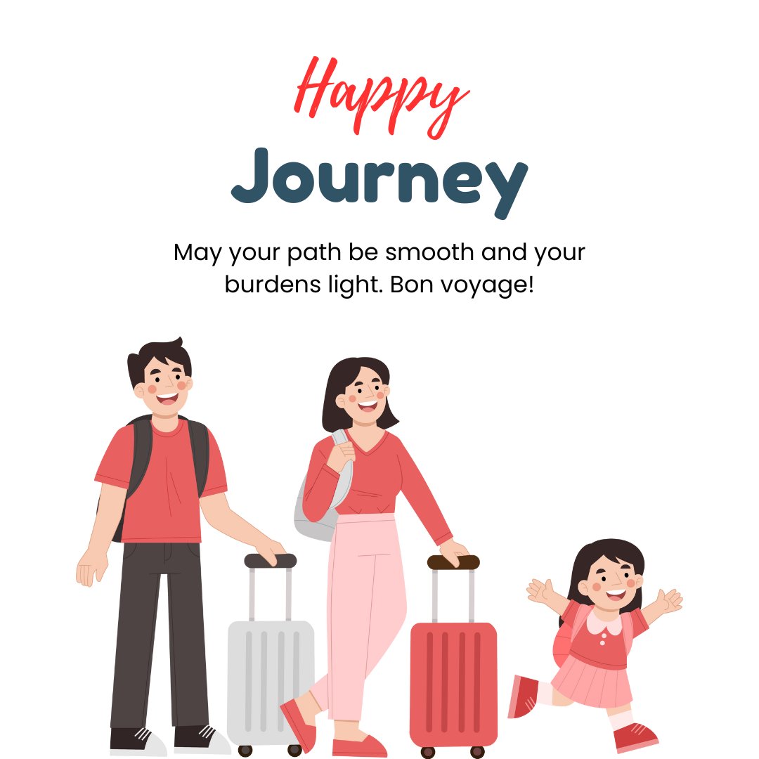 Family with luggage ready for a vacation, smiling and walking together with a text 'Happy Journey' wishing them a smooth path and light burdens, suitable for Have a Happy Journey Wishes.