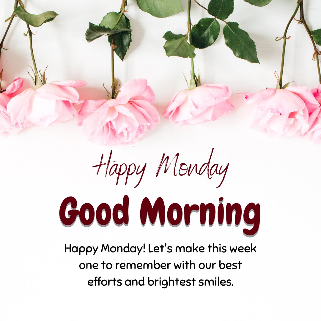 Happy Monday Morning Wishes text overlay on an elegant background of pink roses, inspiring positivity and joy for the start of the week.