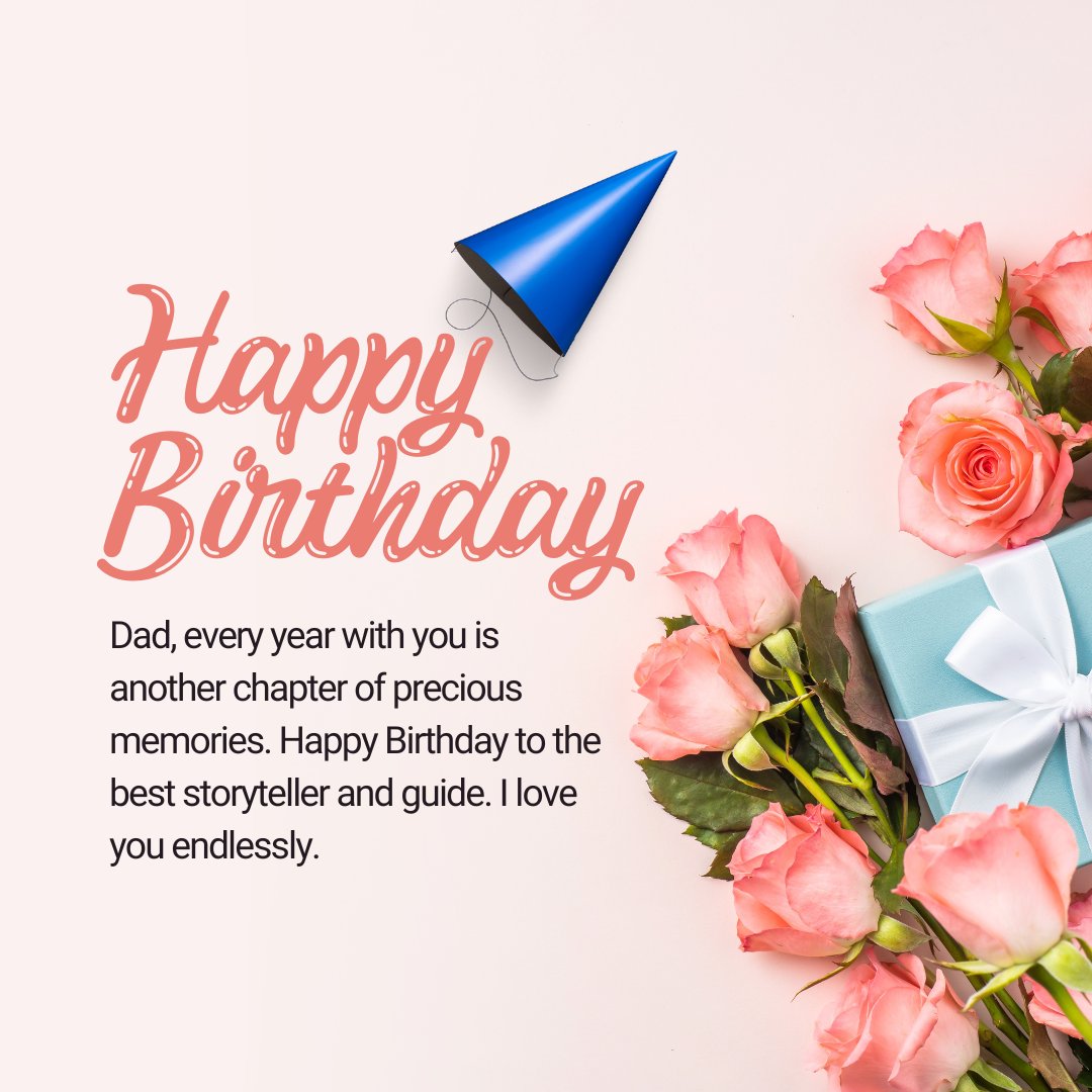 Heart Touching Father Birthday Wishes from Daughter featuring a heartfelt birthday card with pink roses and a gift, celebrating Dad’s special day with love and appreciation.