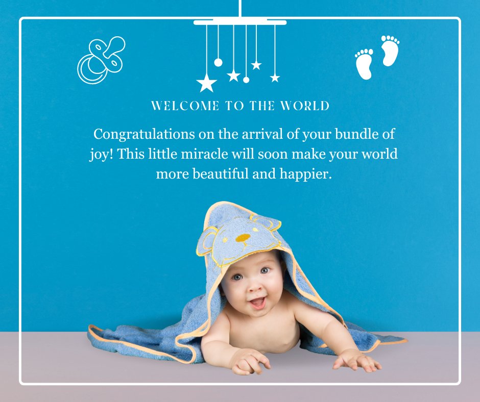 New born baby congratulations card featuring a joyful baby wrapped in a blue towel with animal ears, smiling under baby-themed mobile decorations.