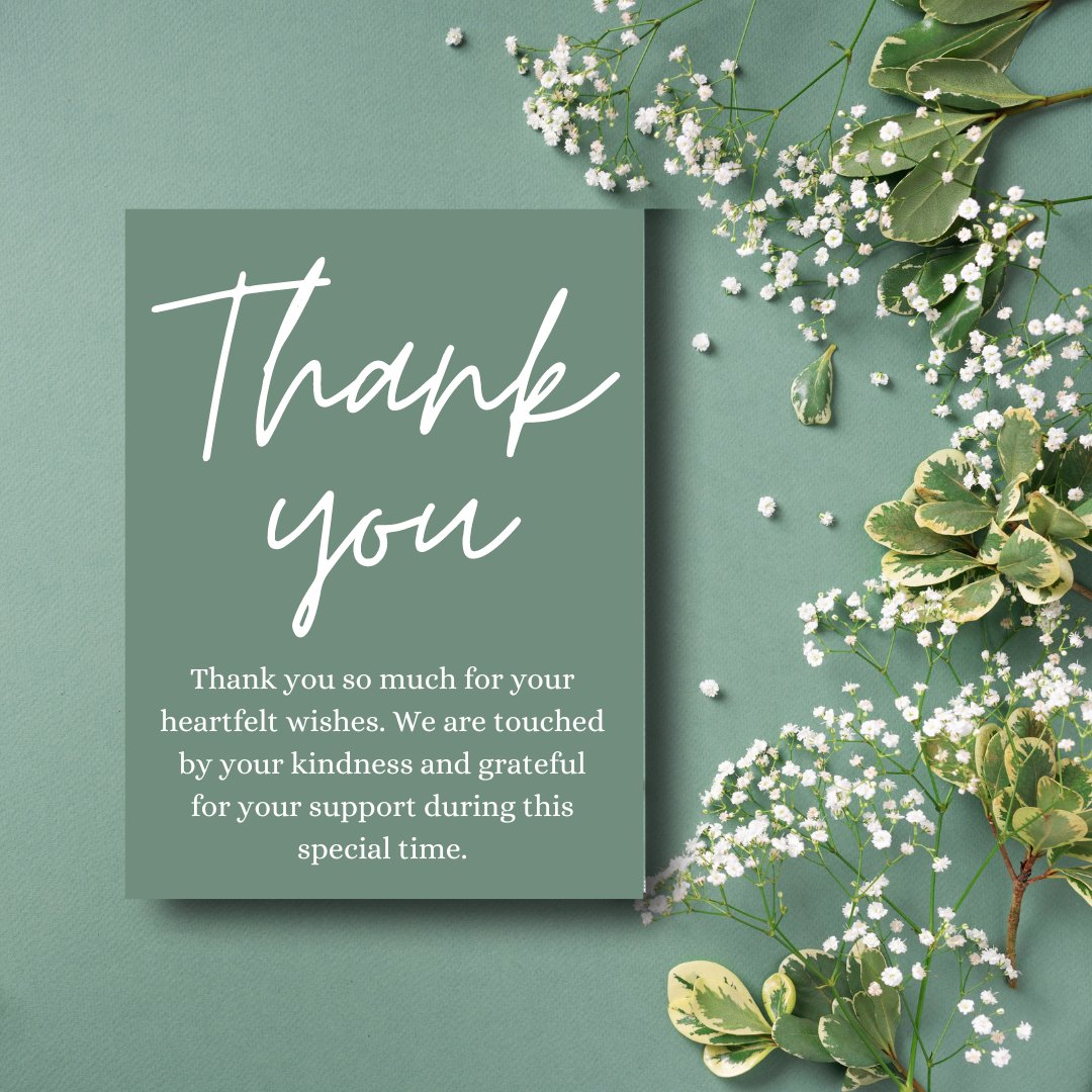 Thank you message for new born baby wishes card featuring elegant script on a green background, adorned with beautiful white flowers and greenery.